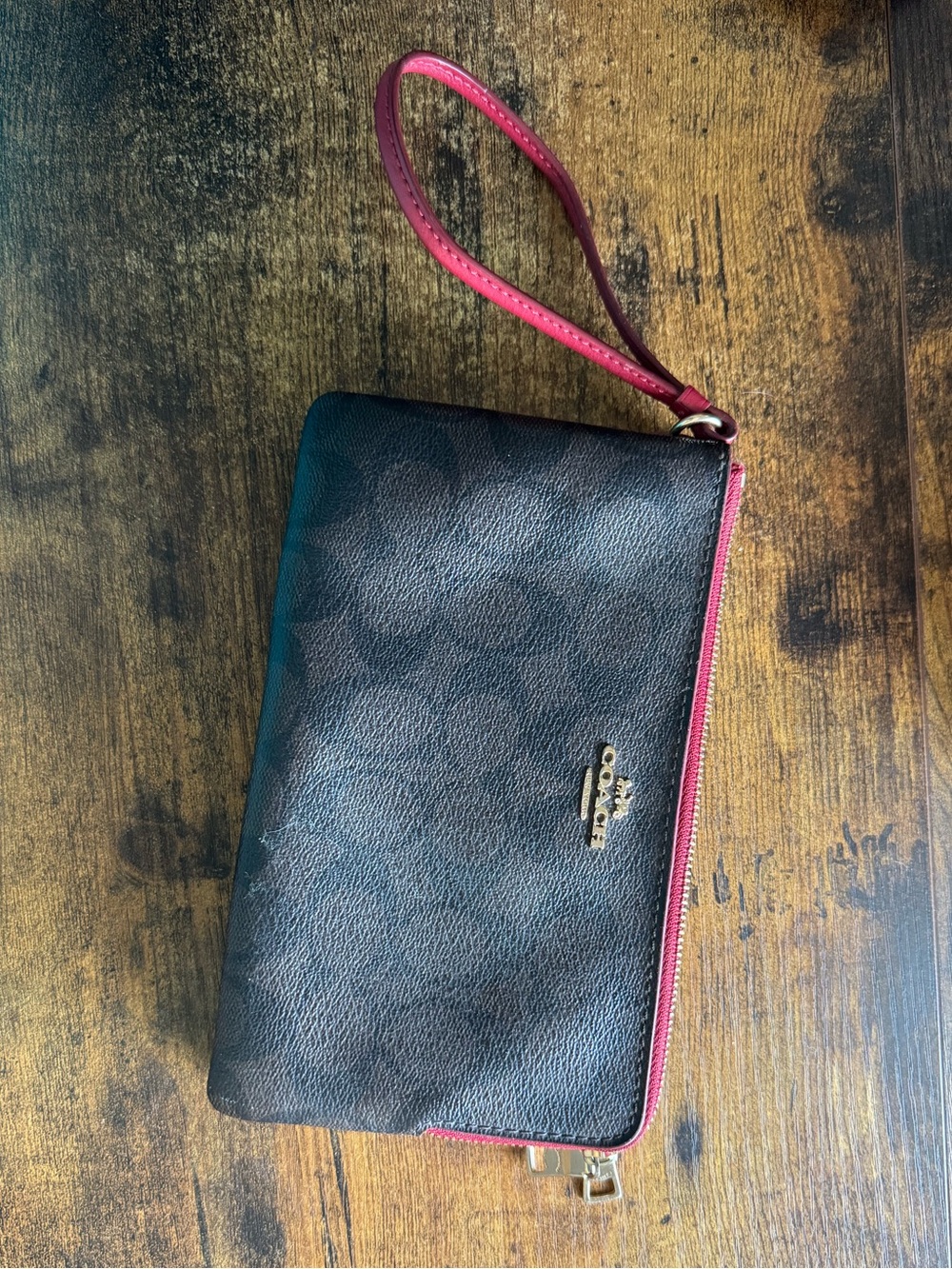 Coach Brown Signature Wristlet with Red Trim